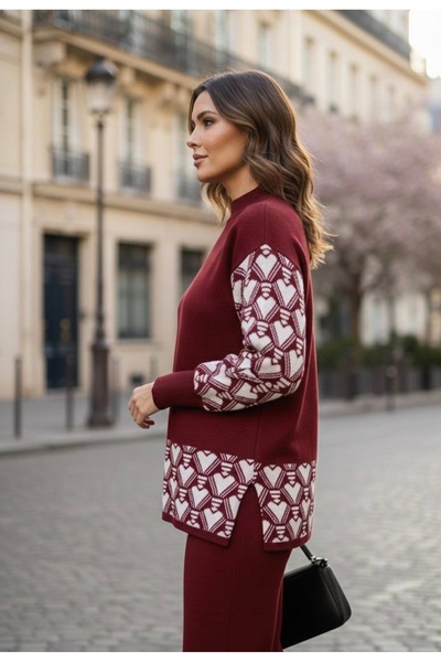 YusGos Women's Heart Patterned Top and Bottom Pants Sweater Knitwear Set