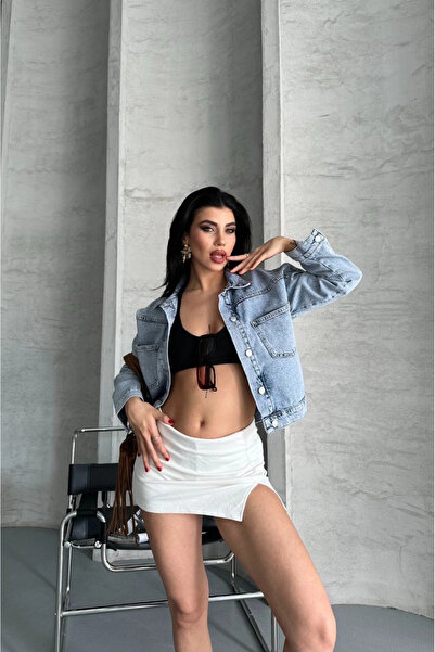 ZENGEZUR MALL Nrzsnt Double Pocket Sleeve Folded Snow Wash Crop Denim Jacket Ice Blue D2000 (231524) (Size: S)