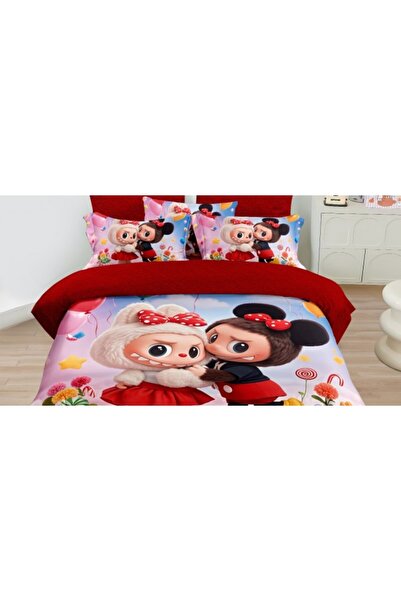 OEM Double bed linen 6 pieces fine with elastic - Labubu model cheerful red