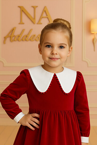 NA ADDESIGN Velvet Girl's Dress – White Collar Detail, Long Sleeve Special Occasion Model