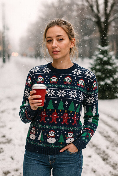 EAS GİYİM Navy Blue-White Unisex Christmas Sweater