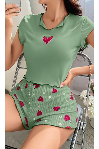 R RUSELİN Nrzsnt Women's Green Strawberry Patterned Suspender Shorts Pajamas (231119) Set 5004