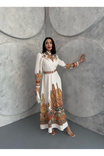 WellWay Atlas Fabric Floral Print Shirt Collar Button Detail White Dress (Include Belt)-2501