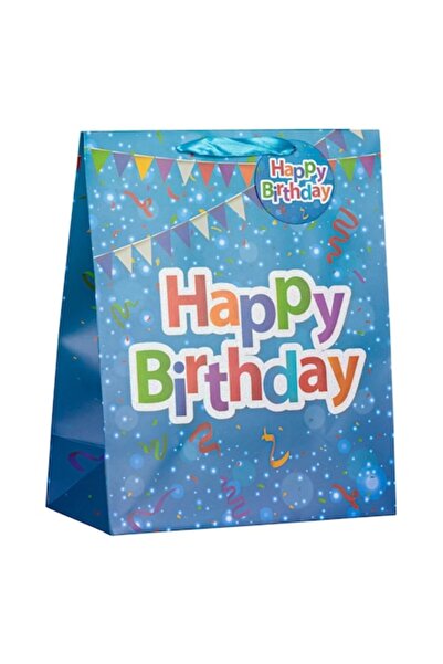 OEM Μπλε χάρτινη τσάντα δώρου «Happy Birthday» με γκλίτερ 26x13x32 cm