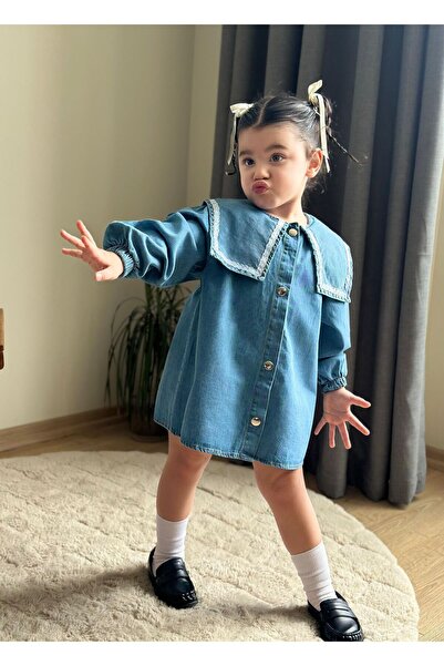 RONYPONY Girls' Denim Dress with Collar Long Sleeve Casual Tight Dress