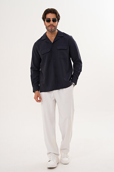 Catto Peak Men's Relax Fit Long Sleeve Cotton Double Pocket Flap Plain Pattern Dark Navy Blue Transitional Shirt