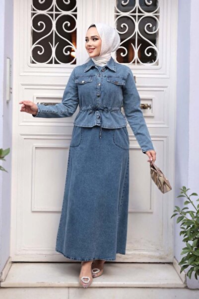 N.S NEVA STYLE Dark Blue Hijab Denim Dress Double Suit 44652Km