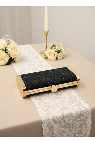 Biçanta Black Gold Detailed Full Crystal Stone and Metal Frame and Evening Dress Bag Wedding Engagement Graduation