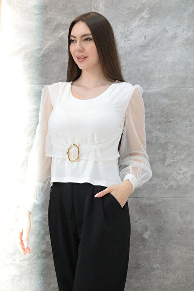 ZENGEZUR MALL Nrzsnt Buckle Tulle Sleeve Blouse White T4071 (231632) (Size: S)