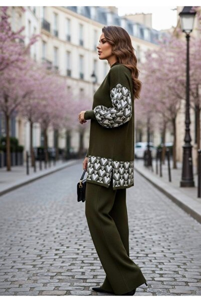 YusGos Women's Heart Patterned Top and Bottom Pants Sweater Knitwear Set