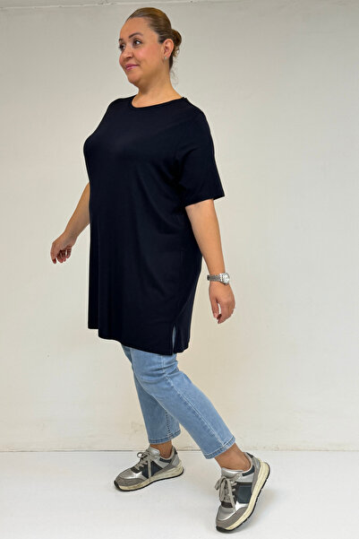 Eslina 58507 Large Size Collar Piped Combed Cotton T-Shirt - Navy Blue