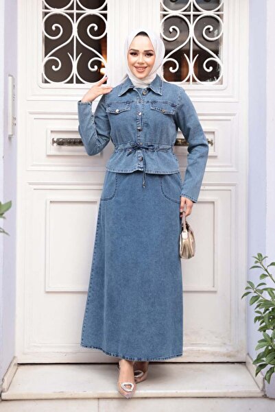 N.S NEVA STYLE Dark Blue Hijab Denim Dress Double Suit 44652Km