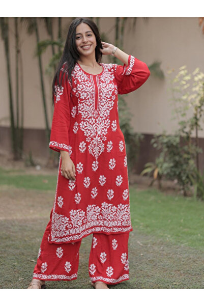 MYSMAR Red Rayon Cotton Salwar Kameez - FFT1656 | Red-Size:M-38-Inches