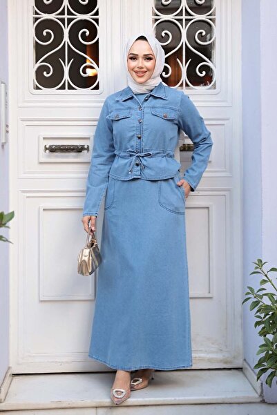 N.S NEVA STYLE Μπλε Τζιν Φόρεμα Μουσουλμανικό Σετ Δύο Τεμάχια 44652M