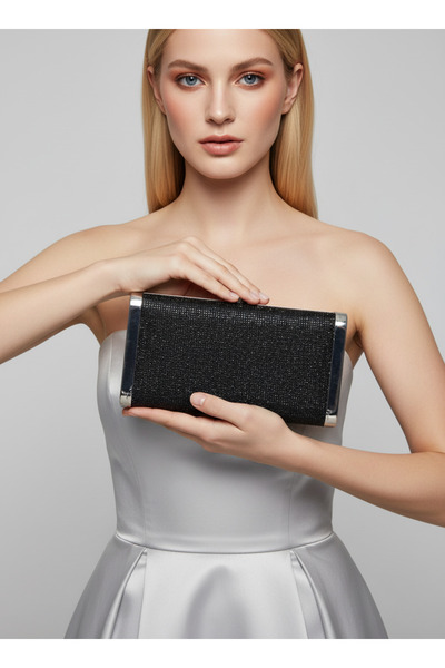 Biçanta Black Full Crystal Stone and Metal Frame and Evening Dress Bag Wedding Engagement Graduation