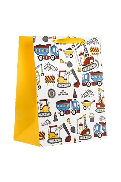 OEM Жълто/бяла хартиена подаръчна торбичка с модел на багер за деца 26x14x32см