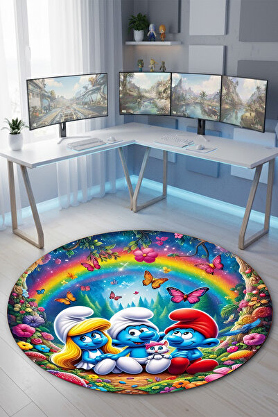 Reyhani Şirinler Desenli Kaymaz Taban Makinede Yıkanabilir Çocuk Gamıng Halıs...