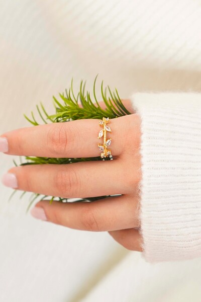 TREND COLLECTİON Gold Yaprak Form Zirkon Taşlı Ayarlanabilir Kadın Yüzük