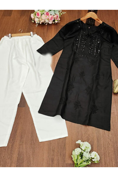 MYSMAR Black Colored Kurti & Palazzo Set - FFT1658 | Black