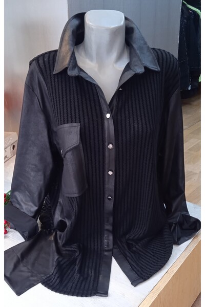 LİM Büyük Beden Siyah Renk Deri Görünümlü Kumaş Detaylı Gömlek