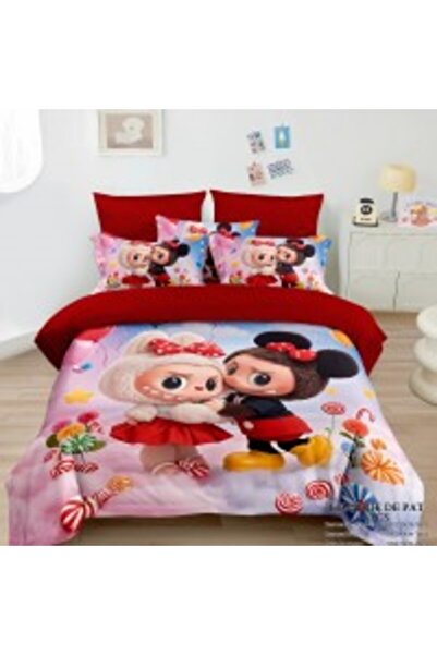 OEM Double bed linen 6 pieces fine with elastic - Labubu model cheerful red