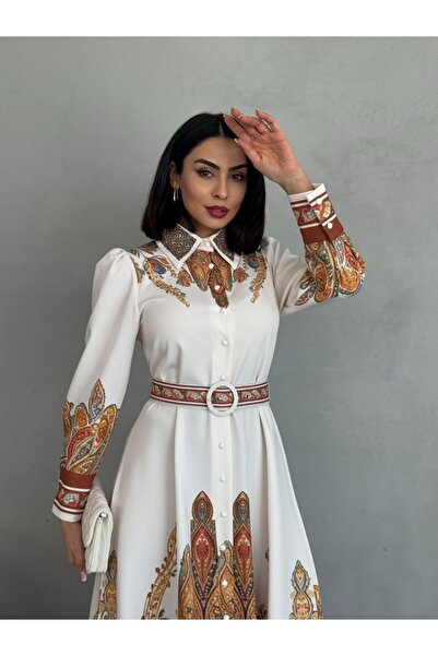 WellWay Atlas Fabric Floral Print Shirt Collar Button Detail White Dress (Include Belt)-2501