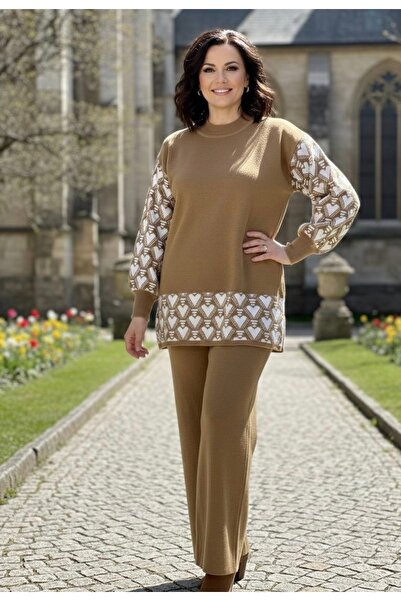 YusGos Women's Heart Patterned Top and Bottom Pants Sweater Knitwear Set