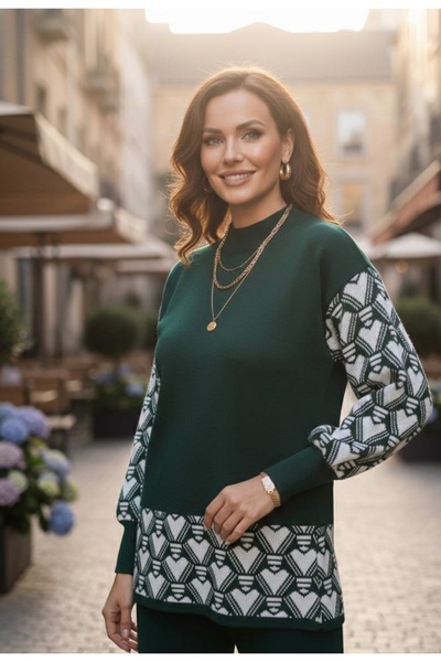 YusGos Women's Heart Patterned Top and Bottom Pants Sweater Knitwear Set