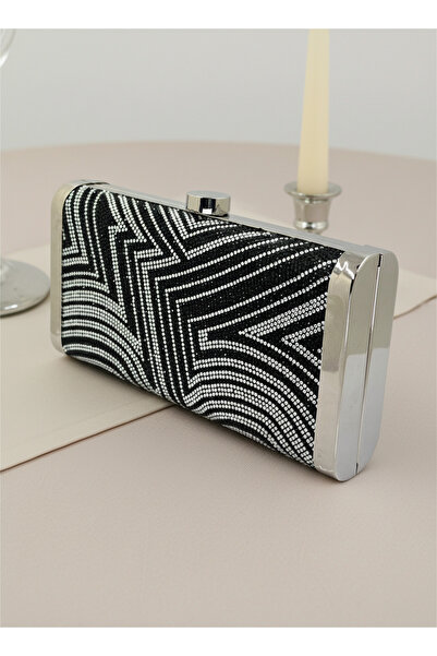 Biçanta Black Silver Detailed Full Crystal Stone and Metal Frame and Evening Dress Bag Wedding Engagement Graduation