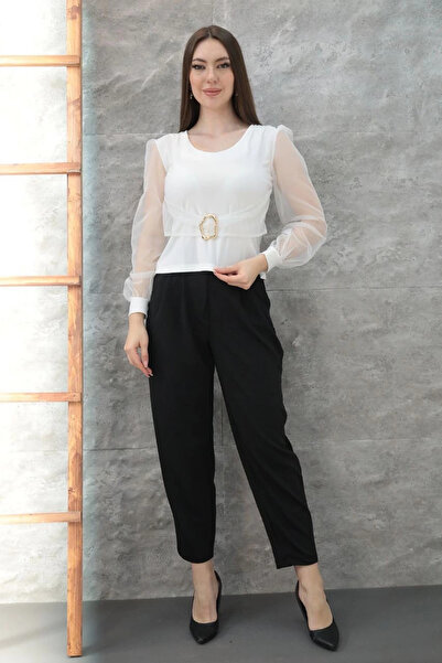 ZENGEZUR MALL Lvsqvr Blouse with Buckle and Tulle Sleeves White T4071 (232326) (Size: S)