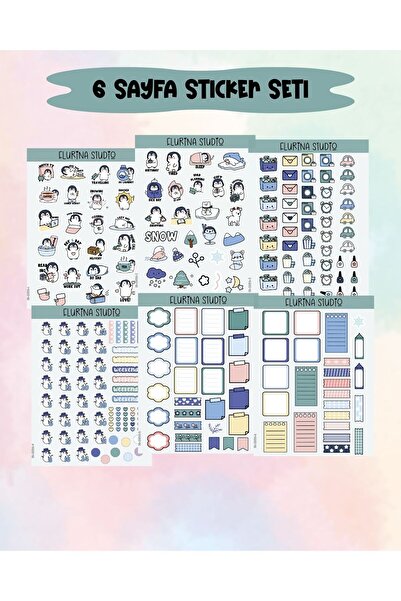 Flurina Studio Kawaii Winter penguin 6 Sayfa Sticker Seti BEYAZ KAĞIT