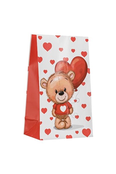 OEM Бяла хартиена подаръчна торбичка с плюшено мече и сърца 15x9x25см