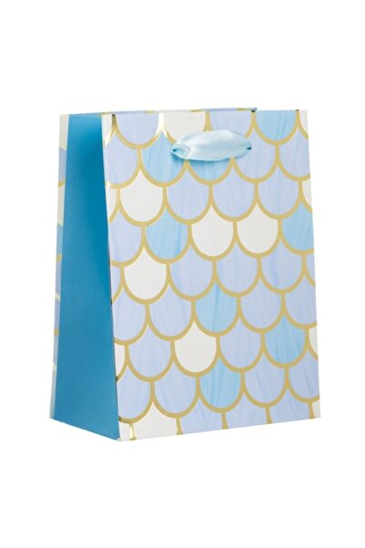 OEM Μπλε και εκρού χάρτινη τσάντα δώρου με χρυσό φύλλο, 11x6x14 cm