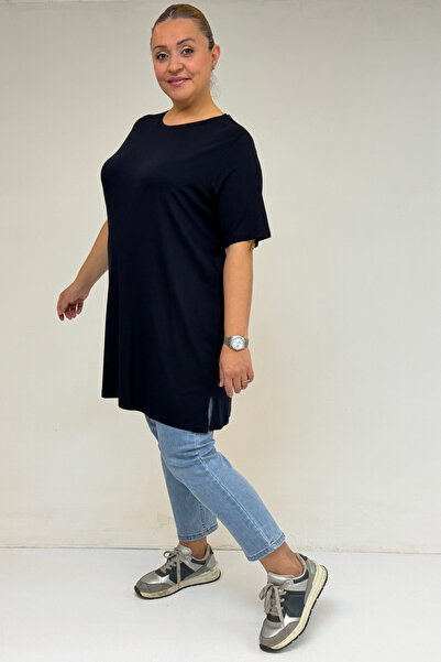 Eslina 58507 Large Size Collar Piped Combed Cotton T-Shirt - Navy Blue