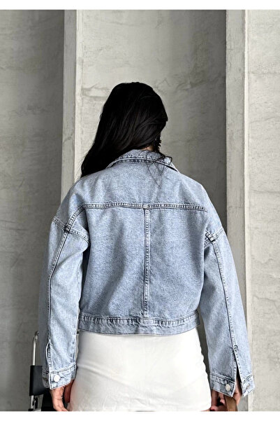 ZENGEZUR MALL Nrzsnt Double Pocket Sleeve Folded Snow Wash Crop Denim Jacket Ice Blue D2000 (231524) (Size: S)