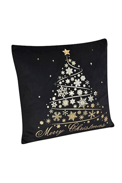 OEM Perna Decorativa Craciun, Catifelata, Brad Auriu Folie Fulgi, Mesaj Merry...