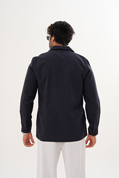 Catto Peak Men's Relax Fit Long Sleeve Cotton Double Pocket Flap Plain Pattern Dark Navy Blue Transitional Shirt