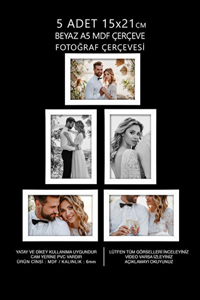 YEDİART 5 Adet 15x21 Çerçeve - Mdf Çerçeve - Fotoğraf Çerçevesi - A5 Pvc'li Ç...