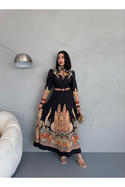 WellWay Rochie neagră cu guler de cămașă cu imprimeu floral Atlas, cu detaliu...