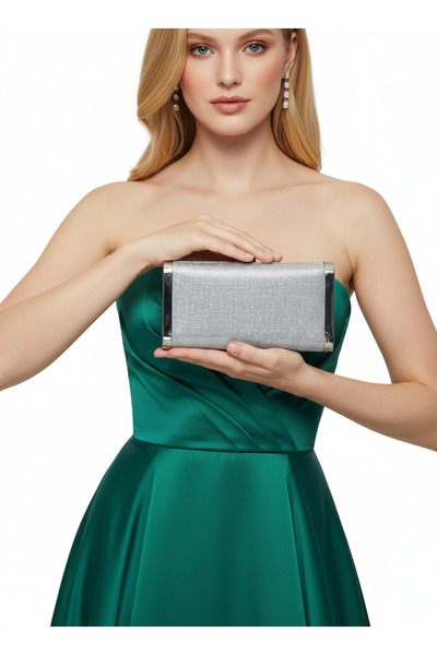 Biçanta Silver Gray Lame Full Crystal Stone and Metal Frame and Evening Dress Bag Wedding Engagement Graduation