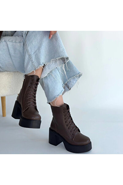 ZENGEZUR MALL Nrzsnt Tsan Brown Leather Lace-Up Heeled Boots (02355) (Size: 37)