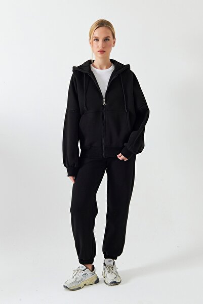 The Champ Clothing Women's Oversized Tracksuit Set Drawstring Black – Zippered, Hooded , Elasticated Legs, 3 Thread Fleece