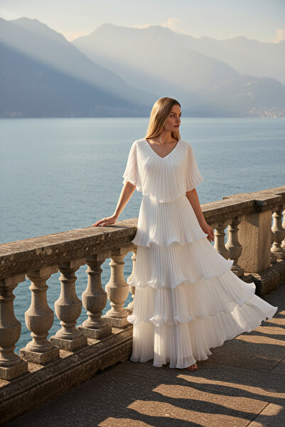 Romina Astra V Yaka Kat Kat Pliseli Uzun Şifon Abiye Elbise