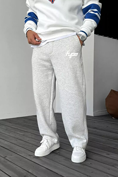 THE RULE Hype Printed Baggy 3 Thread Ş Fleece-Lined Loose Fit Straight Leg Gray Sweatpants Rf0556