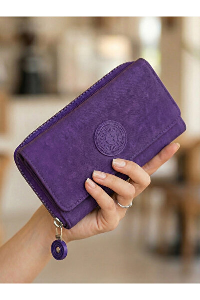 GNG Meet Polo Tarzı Mor Krinkıl Kumaş Çok Bölmeli Fermuarlı ve Çıtçıtlı Kadın Cüzdanı