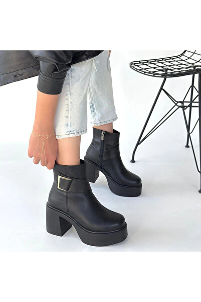 ZENGEZUR MALL Nrzsnt Lonji Black Leather Heeled Boots (02359) (Size: 39)