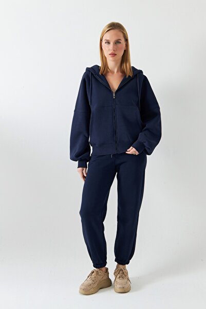The Champ Clothing Women's Oversized Tracksuit Set with Drawstring Navy Blue – Zippered, Hooded , Elasticated Legs, 3 Thread Fleece
