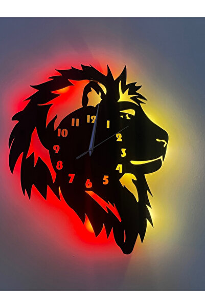 GünceDekor Aslan Sarı Kırmızı Ledli Minimalist Duvar Saati