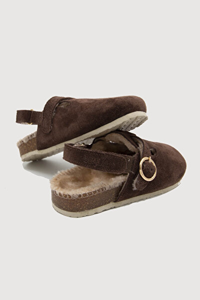 Beybium Genuine Suede Leather Cork Sole Children's Fur Sandals Brown