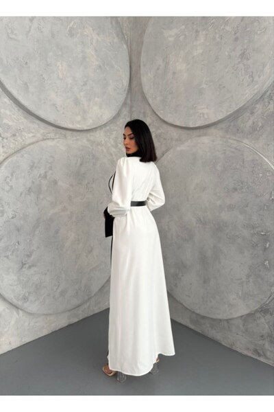 WellWay Atlas Fabric Floral Patterned Shirt Collar Button Detailed White Dress (Belt Included)-42166